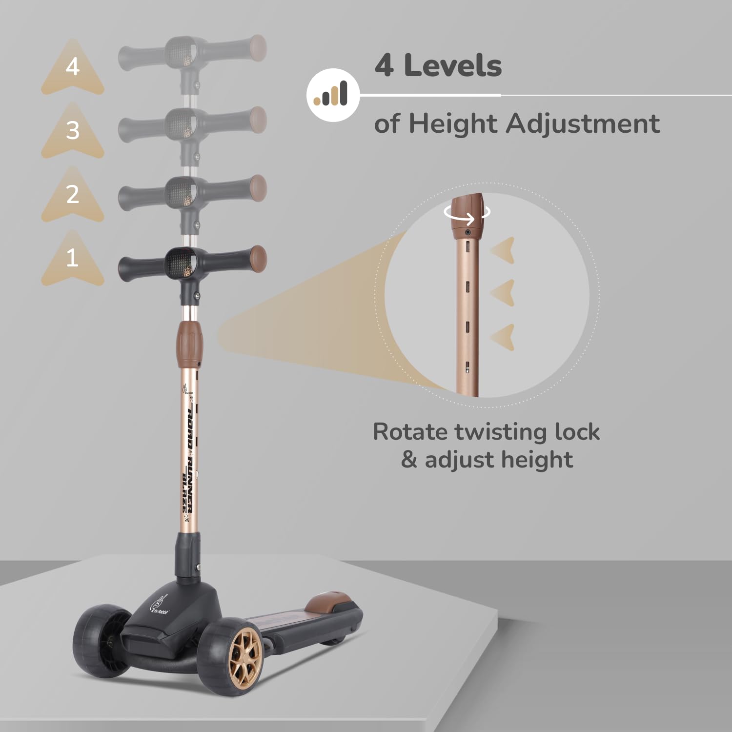 Dark grey R for Rabbit Road Runner Blaze 3-wheel foldable kick scooter for kids, featuring bright PU LED light-up wheels, 4 adjustable height levels, and light & music for extra fun. Usmile www.usmile.toys
